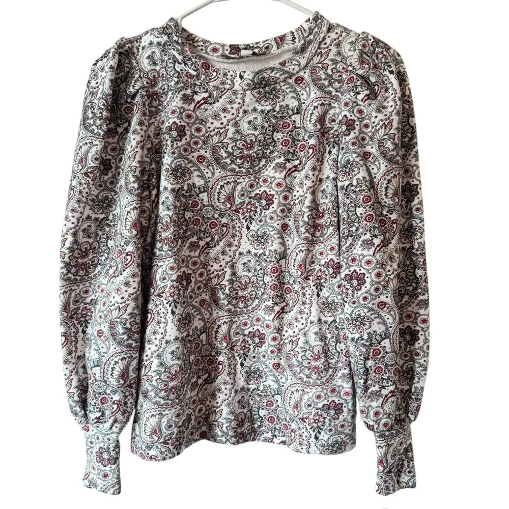 AnnTaylor Loft Sz XXS Petite Red White Paisley Floral Puff Sleeve Top Sweatshirt